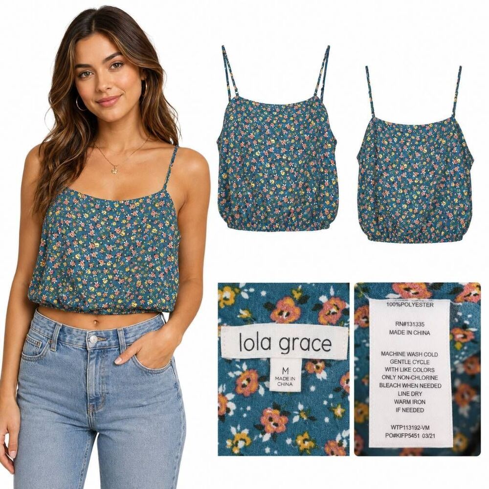 Lola Grace M Teal Floral Crop Cami Adjustable Strap Top